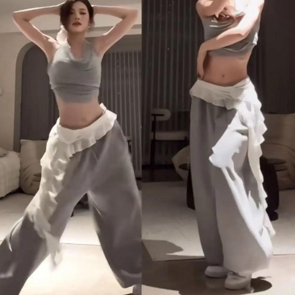 ジーンズパンツ装飾ヒョウレースミニスカート不規則な Y2K ストリートシャーリングスカートシースルー原宿プリーツスカート