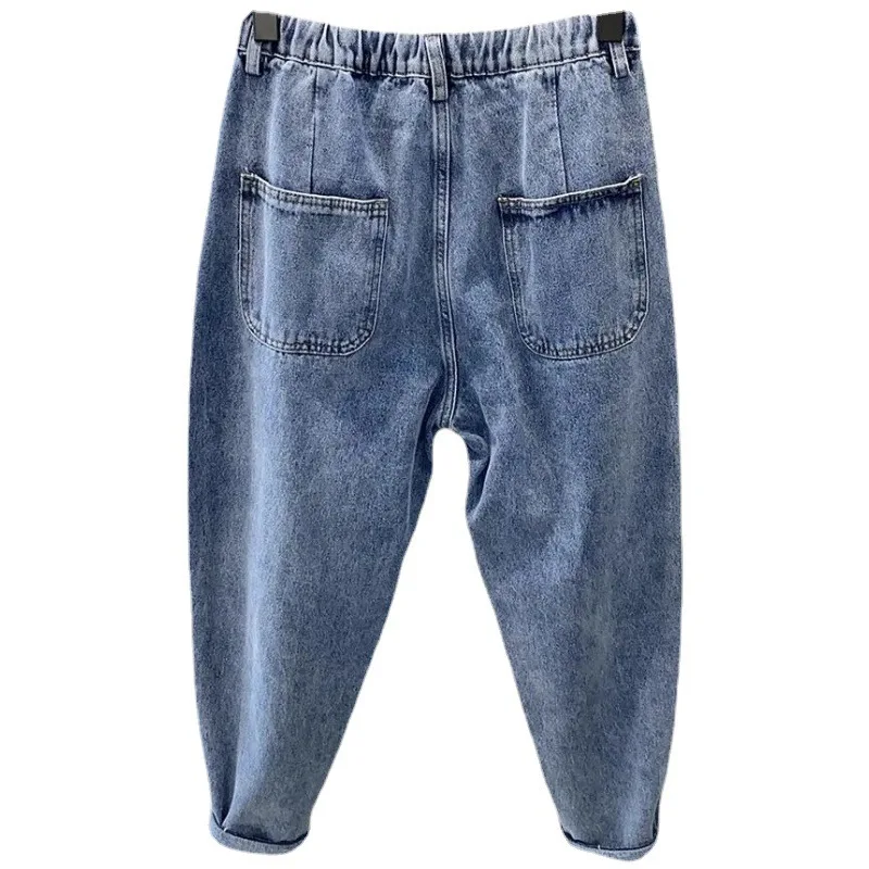 بنطال جينز فضفاض خفيف بخصر مطاطي 9 نقاط للرجال صيفي صغير القدم ملابس الشارع برباط هارلان من قماش الدنيم #5