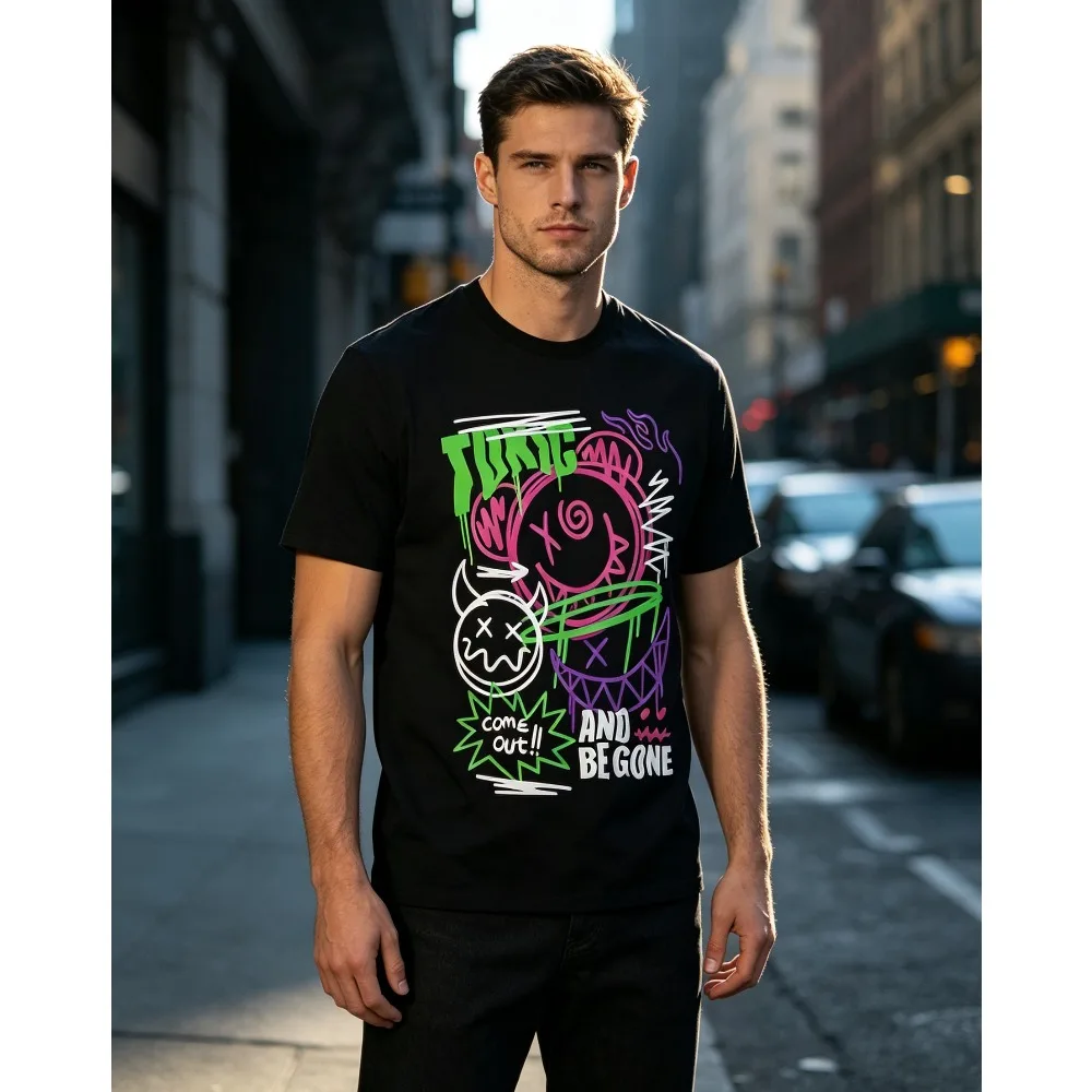 2026 New Unisex O-neck Short Sleeve T-shirt Front Neon Graffiti Devil Smiley Print TORNIC Drip Font