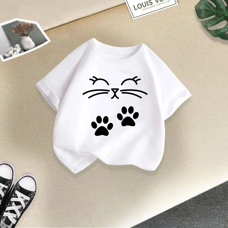 Summer New Cute Cat Animal Print Round Neck Short Sleeved Tee Shirt for Boys and Girls Fashionable and Simple Children's T-shirt