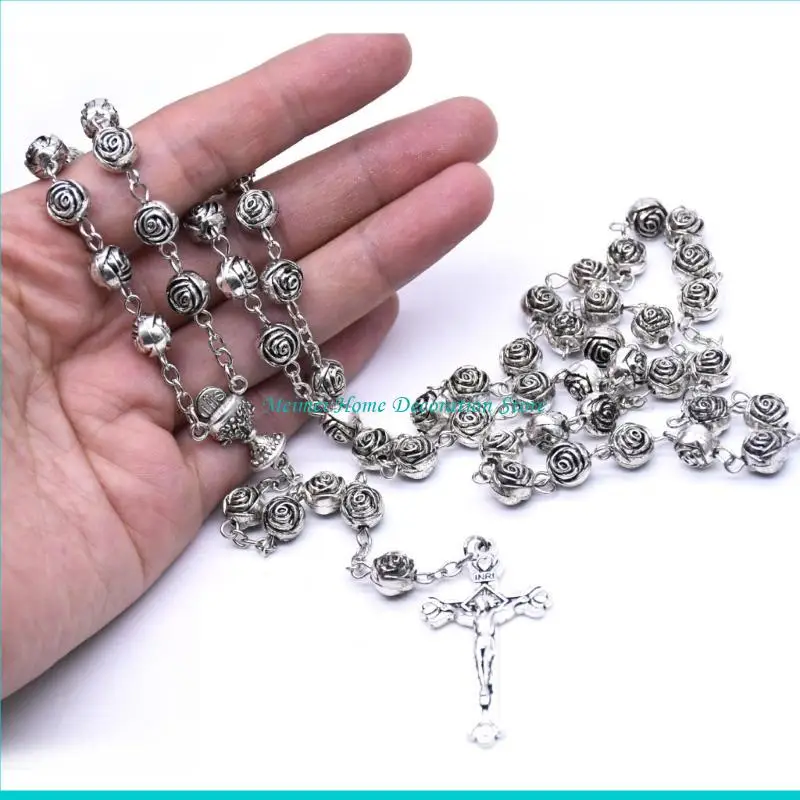 Catholic Rose Beads Rosary Necklace with Pendant Vintage Religious Jewelry for Women Christian Player Meditation