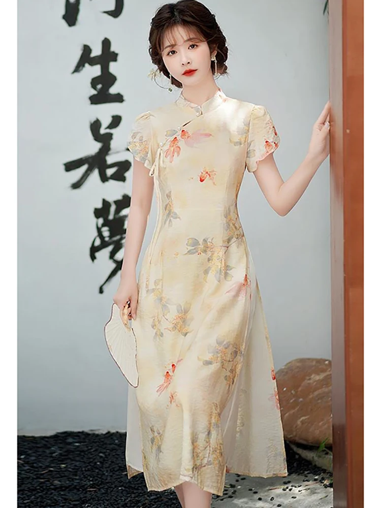 

Женское платье Cheongsam с коротким рукавом и цветочным принтом, летнее модное шикарное платье с бантом и бисером, 209, корейское винтажное роскошное платье