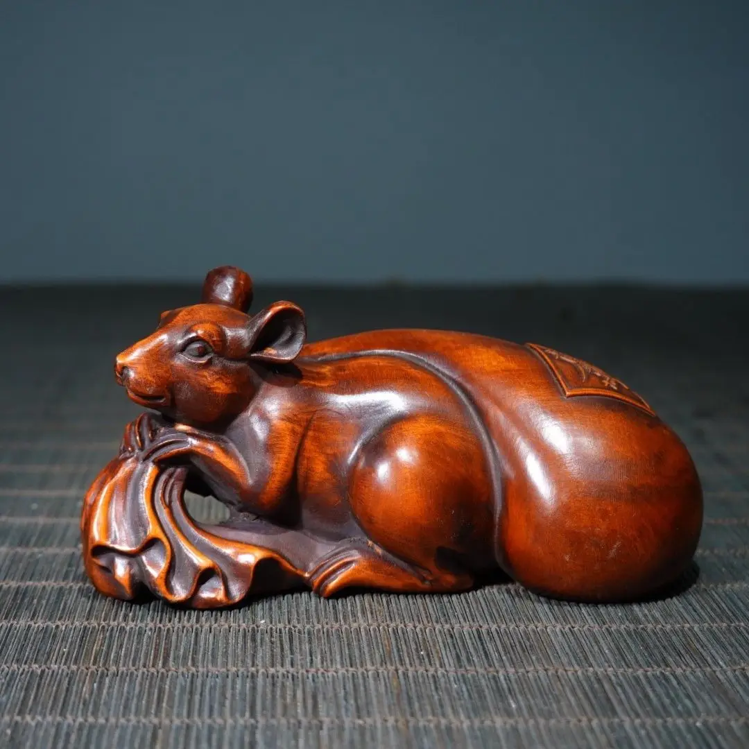 Hand Carved Wood Wealth bag mouse rat Statue Figurine Desktop Ornaments Home Decoration