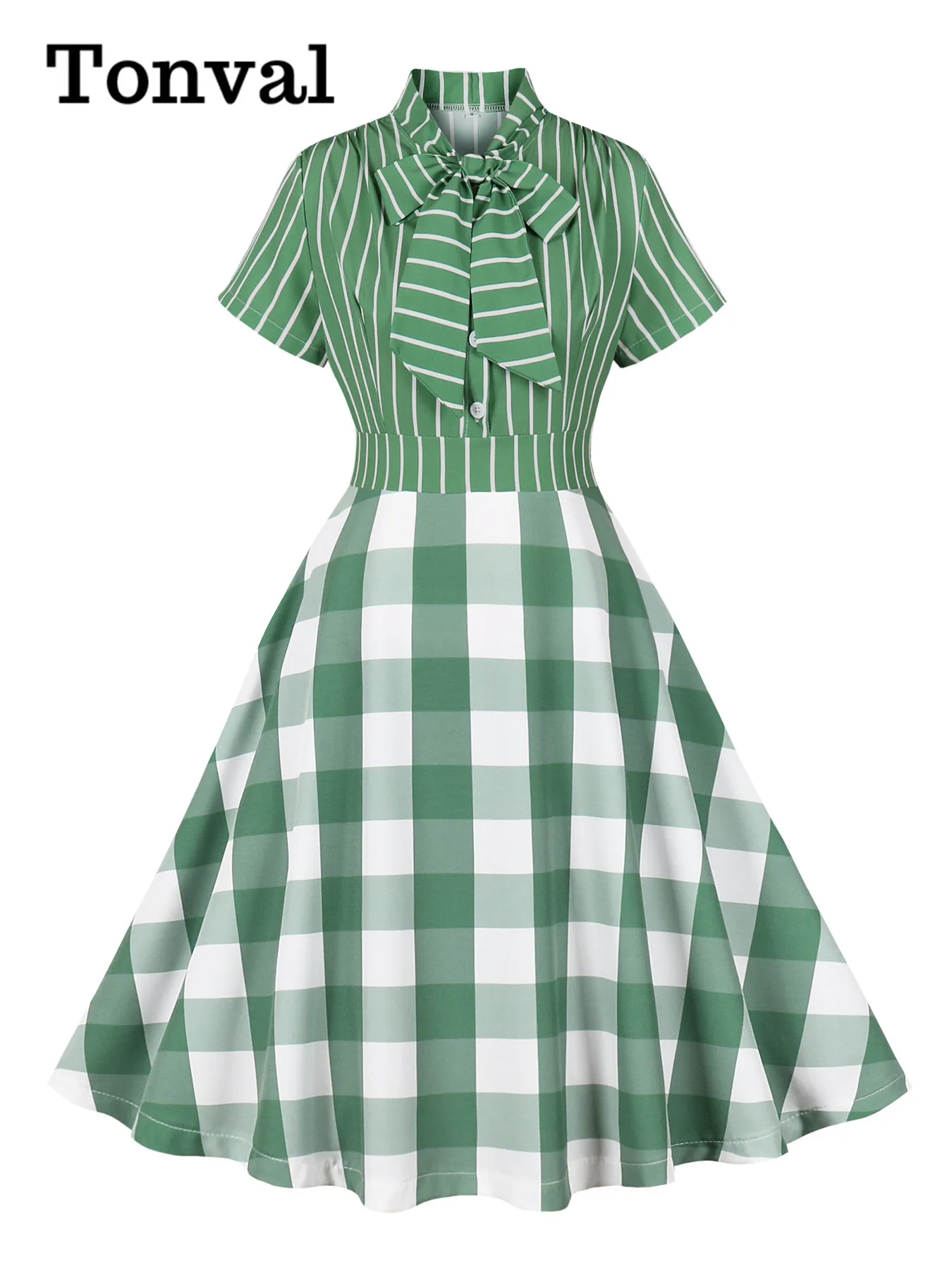 Tonval עניבה פסים ומשובץ הדפס טלאים בגדי קיץ לנשים 2025 כפתור למעלה 1950 של שמלות וינטג-קו שמלות