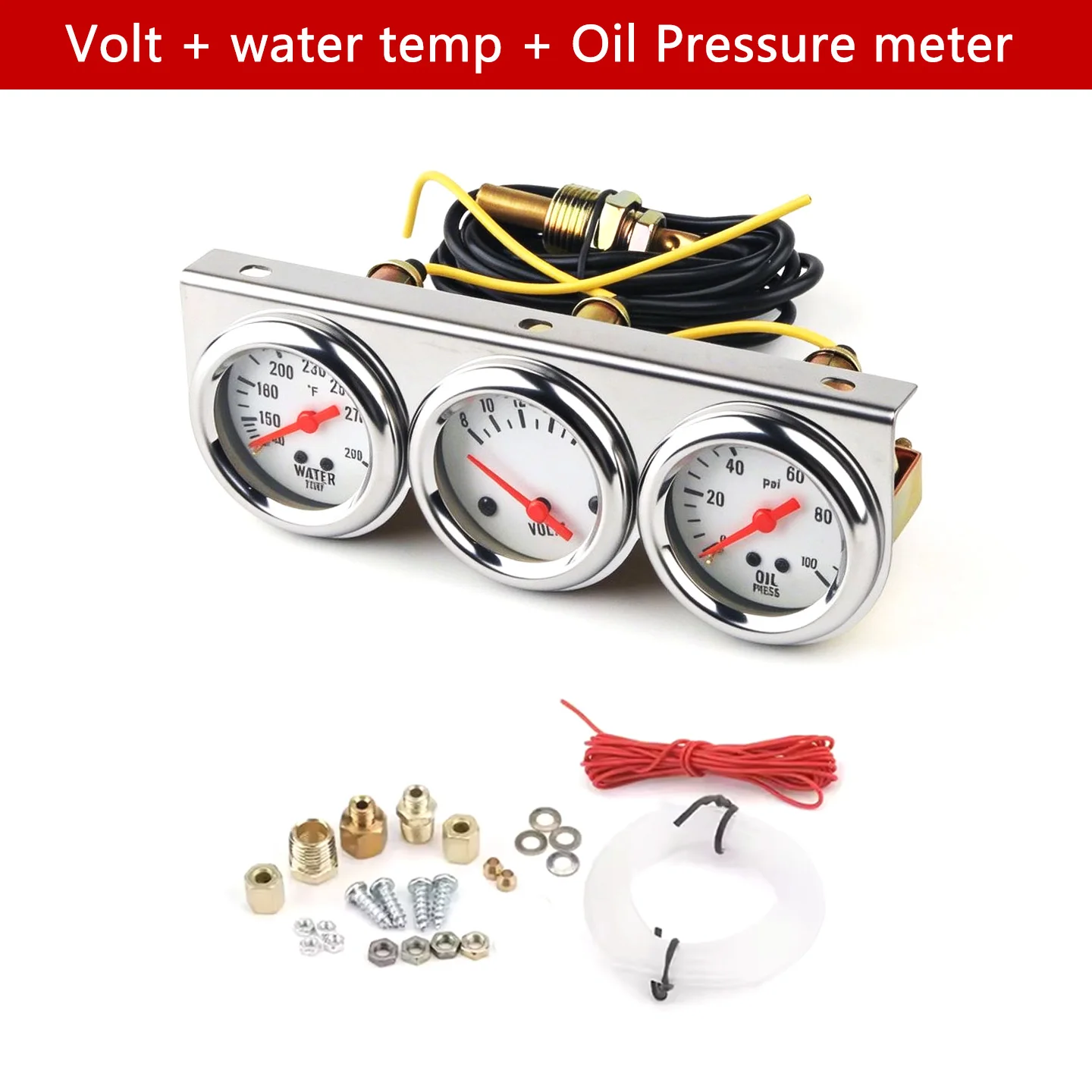 52mm Chrome 3-in-1 Car Triple Gauge Kit, Universal Water Temp Oil Pressure Voltmeter for Auto Engine Monitoring
