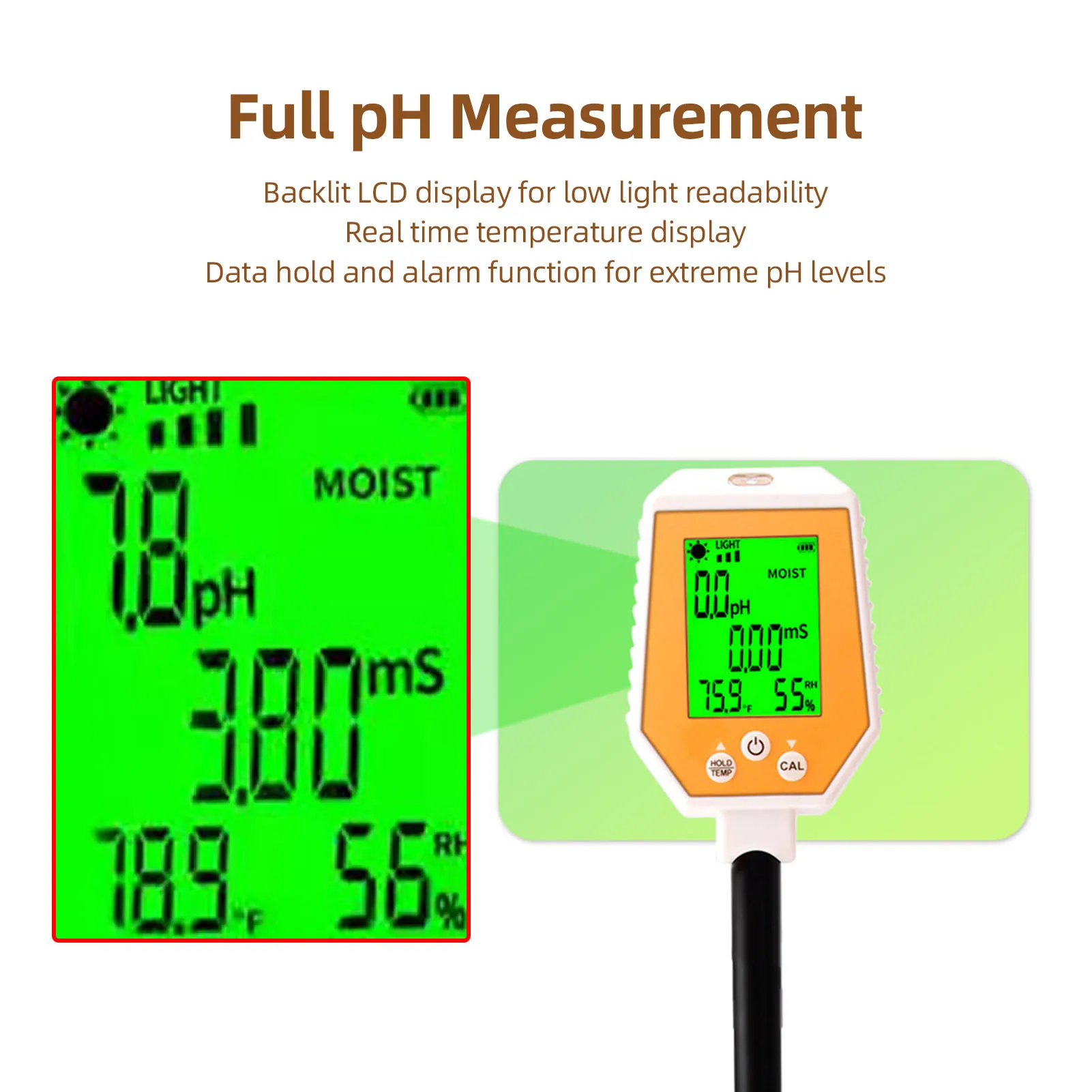 Probador de PH Digital del suelo, medidor de PH EC, probador de temperatura de fertilidad del PH del suelo de alta precisión, profesional para el cuidado de plantas de césped y jardín