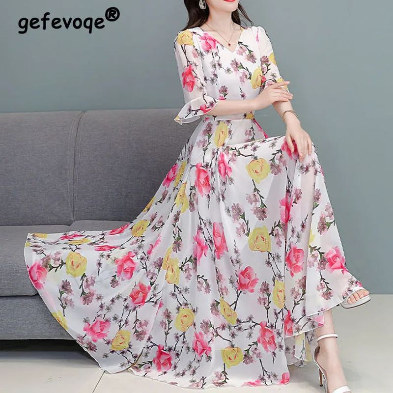 

Floral Printed V Neck Short Sleeve Elegant Sweet Fairy Party Maxi Dresses for Women Summer Fashion Chiffon Dress Female Clothing