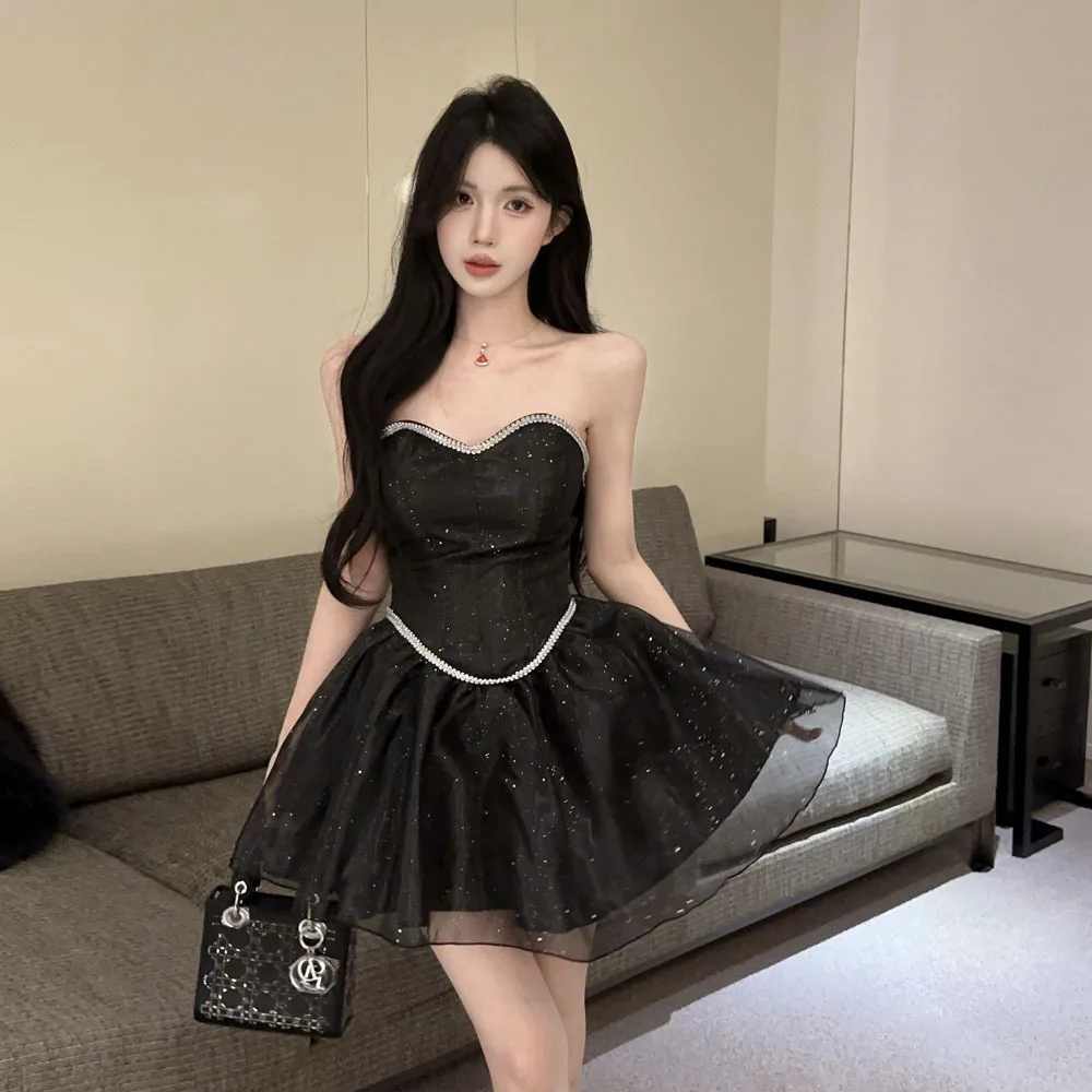 

Sexy Knitted Lace Trim Me Puffy Tube Dr Low Waist A-Line Skirt No Sve Thi Polyester Fabric for Teen Girls Casual Wear