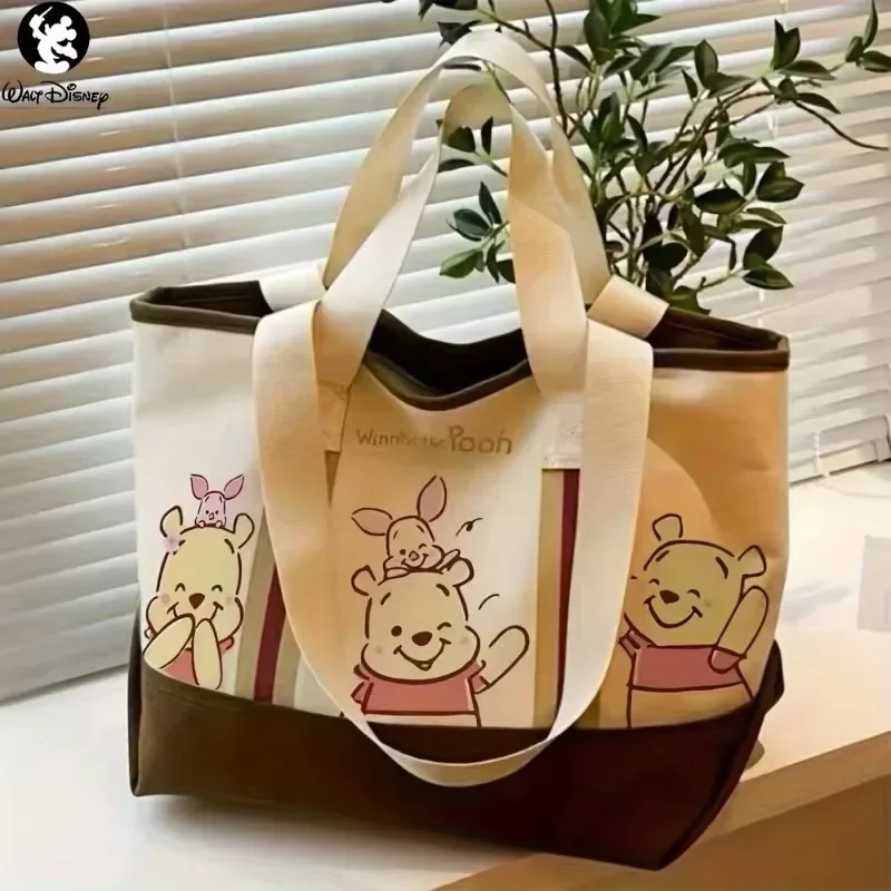 Disney Retro Canvas Handbag Kawaii Winnie The Pooh Large Cartoon Print Personality Temperament Fashion Shoulder Bag Shopping Bag