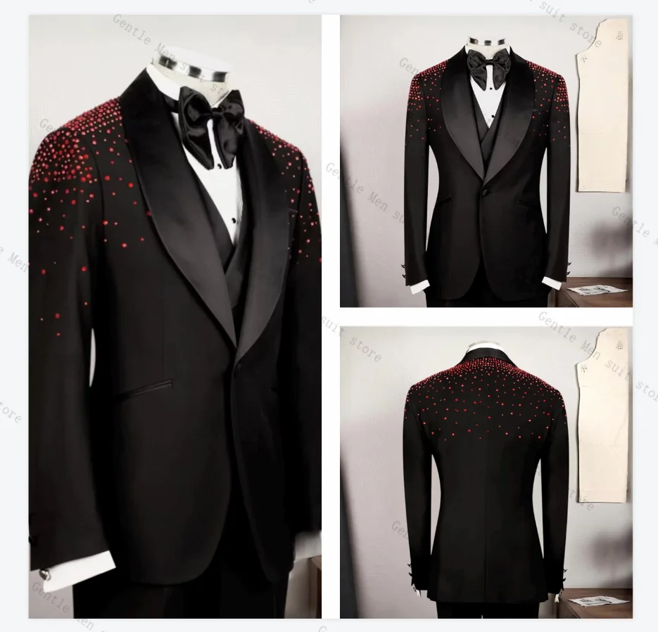 

Black Men Suit Set 2 Pcs Blazer+Pants Trousers Luxury Red Crystals Wedding Tuxedo Formal Office Jacket Cotton Coat Customized