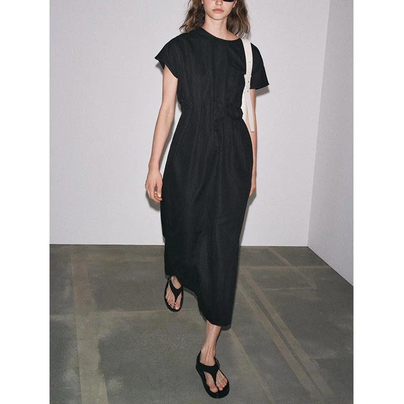 Été nouveau basique rond Ne décontracté plissé ort Sve Midi Dr femmes Polyester fibre taille haute a-ligne jupe Dr