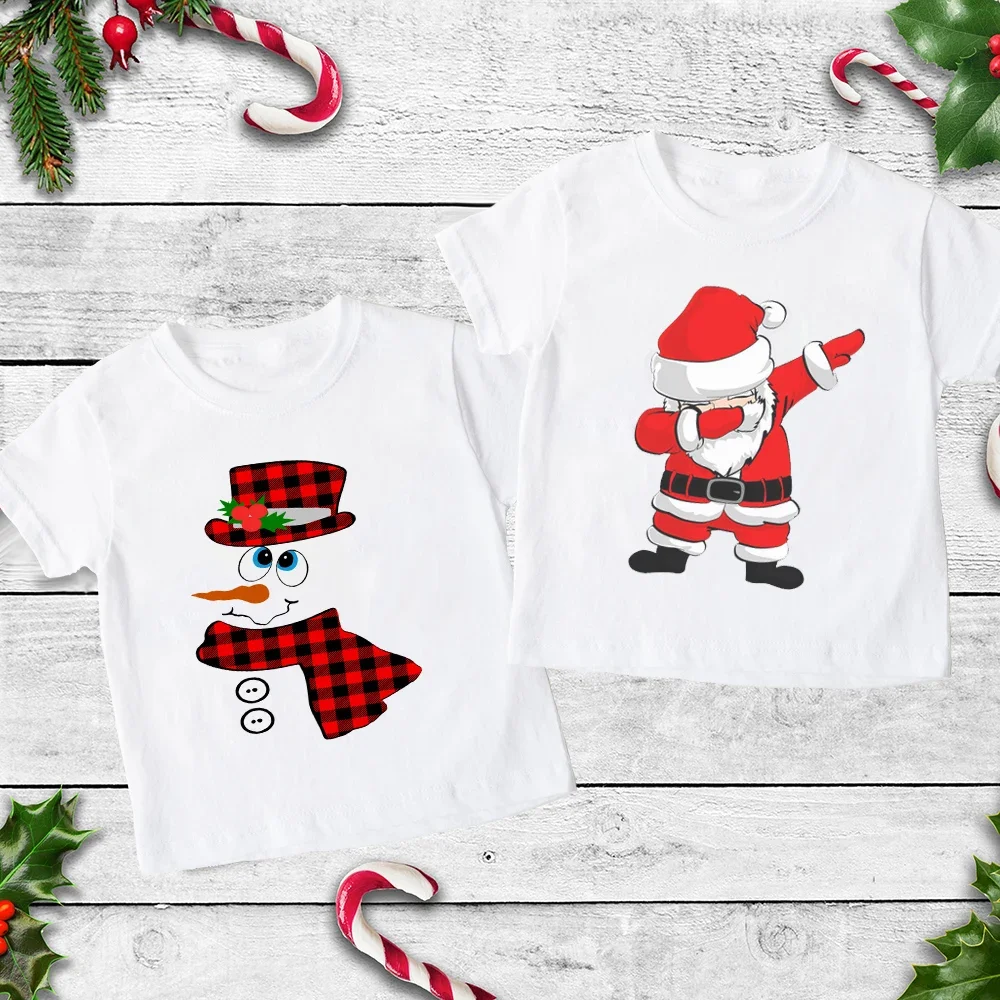 Camiseta infantil para Feliz Natal, padrão boneco de neve, manga curta, blusa de peça única, camiseta de meninos e meninas