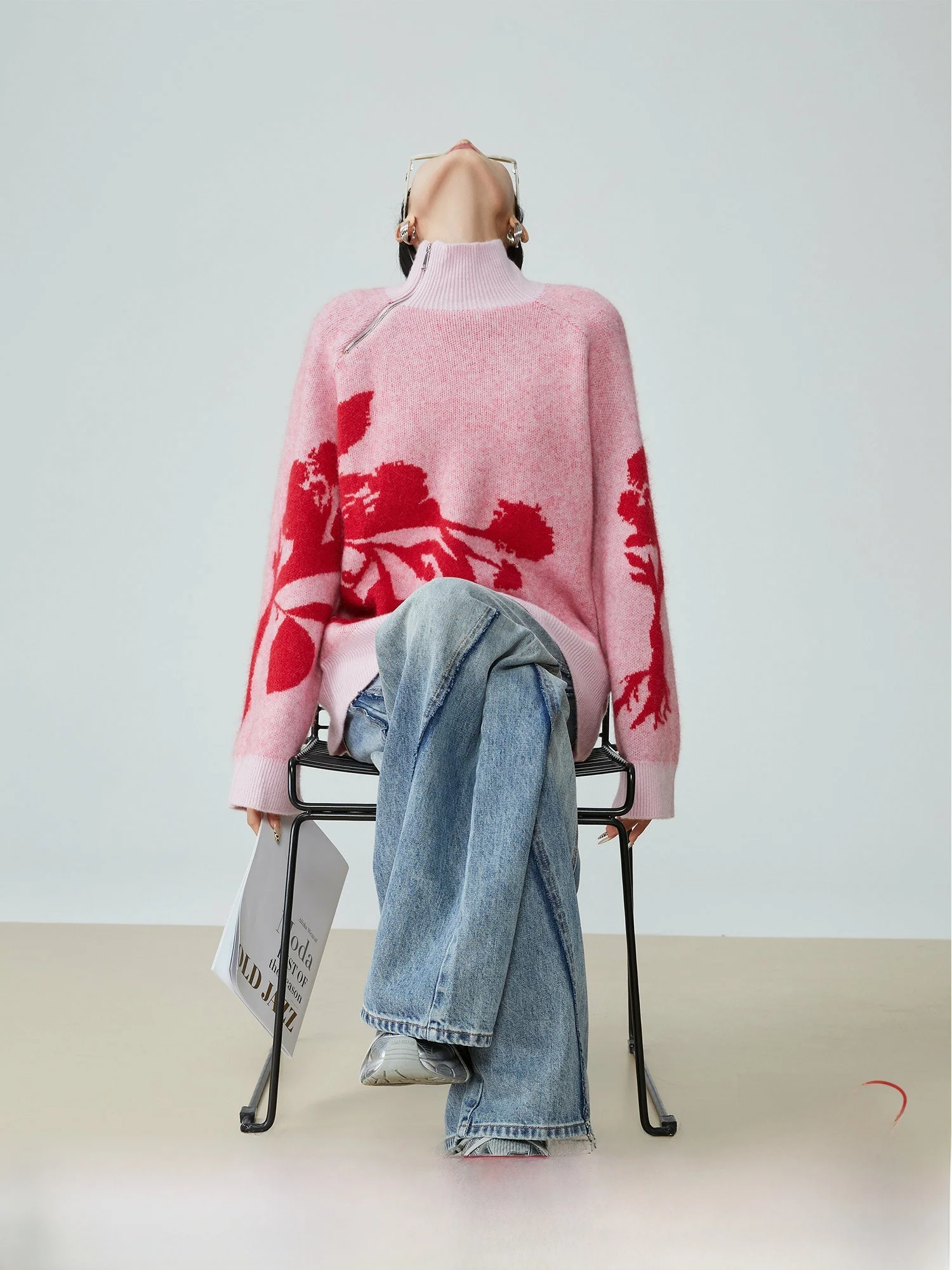 

Pink Zipper High Ne Knitted Sweater Women's Spring New Lazy Sle oulder Slanting Printed Knitwear Casual Commute Sle