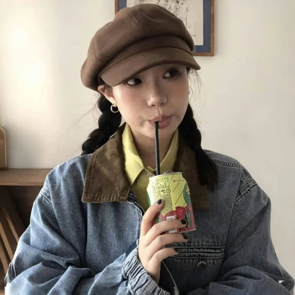 

Casual Duck Tongue Retro Berets Hat Solid Color Octagonal Vintage Newsboy Cap JK Y2k Painter Cap Girls