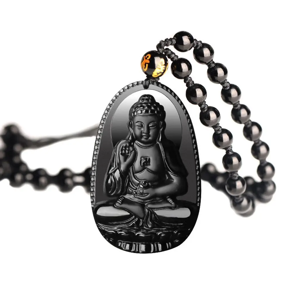 Transhipped Jewelry Carved Gift for Men Natural Obsidian Black Buddha Pendant Necklace Chain Buddha Bead