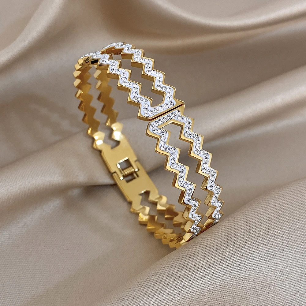 Greatera Simple Wavy Rhinestone Inlaid Cuff Bracelet Fashion Geometry Hollow Stainless Steel Unique Women's Bangle Wedding Gifts