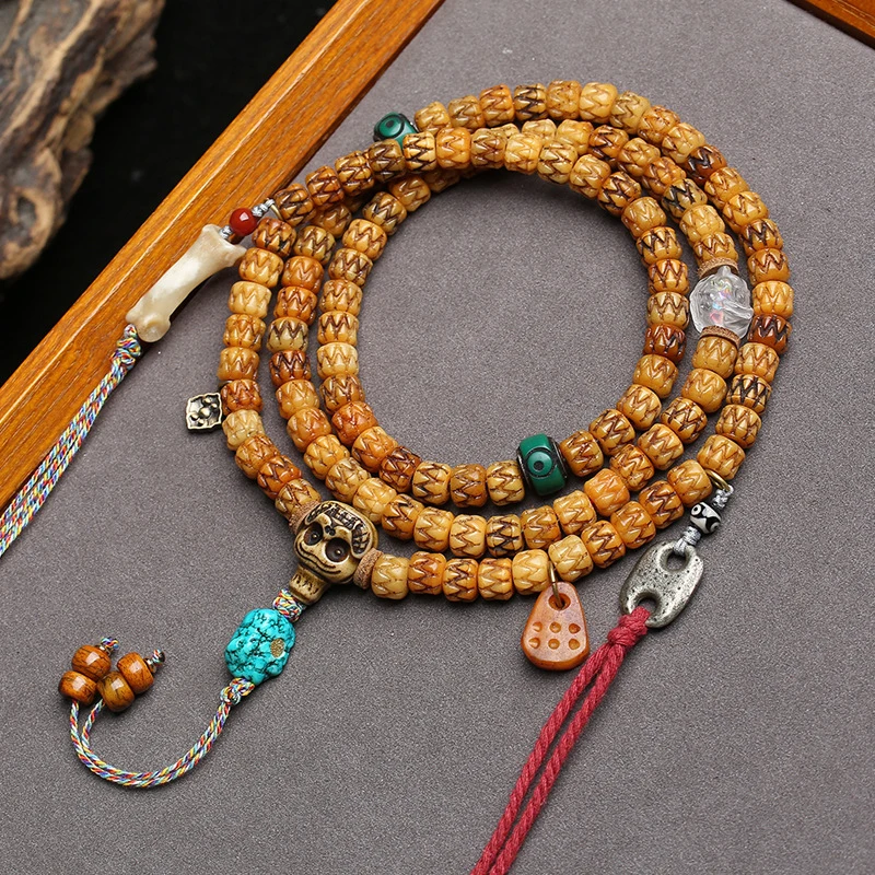 Backflow Bone 108 Bead Multi-loop Bracelet with Turquoise and Glass Accessories