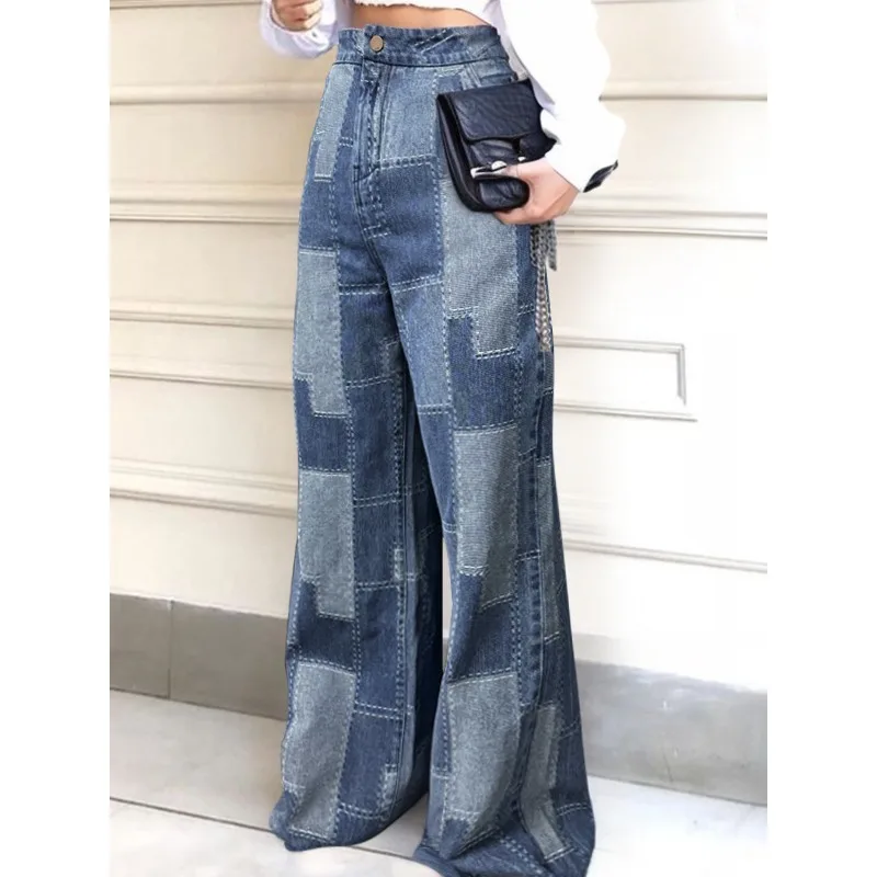 

Tinaa Spliced Jeans for Women 2025 Cotton Vintage Streetwear High Waist Button Denim Wide-leg Pants Women Clothing 170568