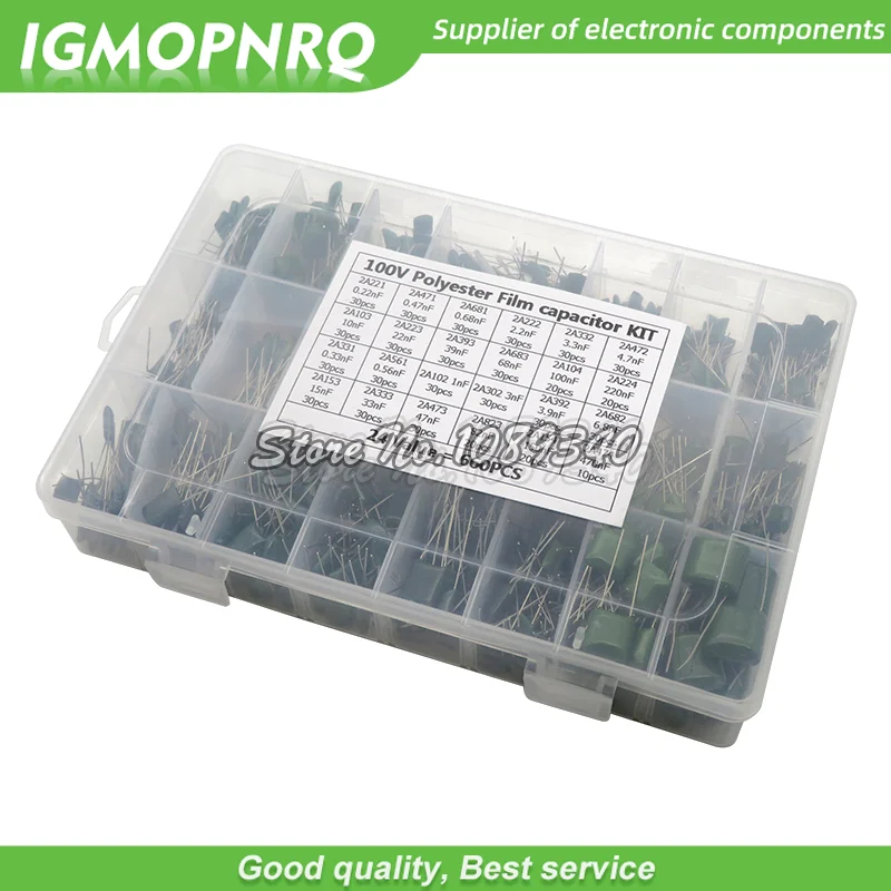 660PCS/lot 24Value Capacitor kit 100V 2A221J to 2A474J Polyester Film Capacitor Assorted Kit 0.47nF 0.68nF 1nF 2.2nF Capacitors