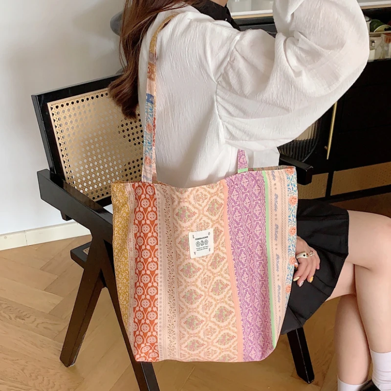 Vintage Flower Ladies Beach Shopping Bag Soft Fabric Large Capacity Women\'s Shoulder Bags Portable Female Tote Travel Handbags