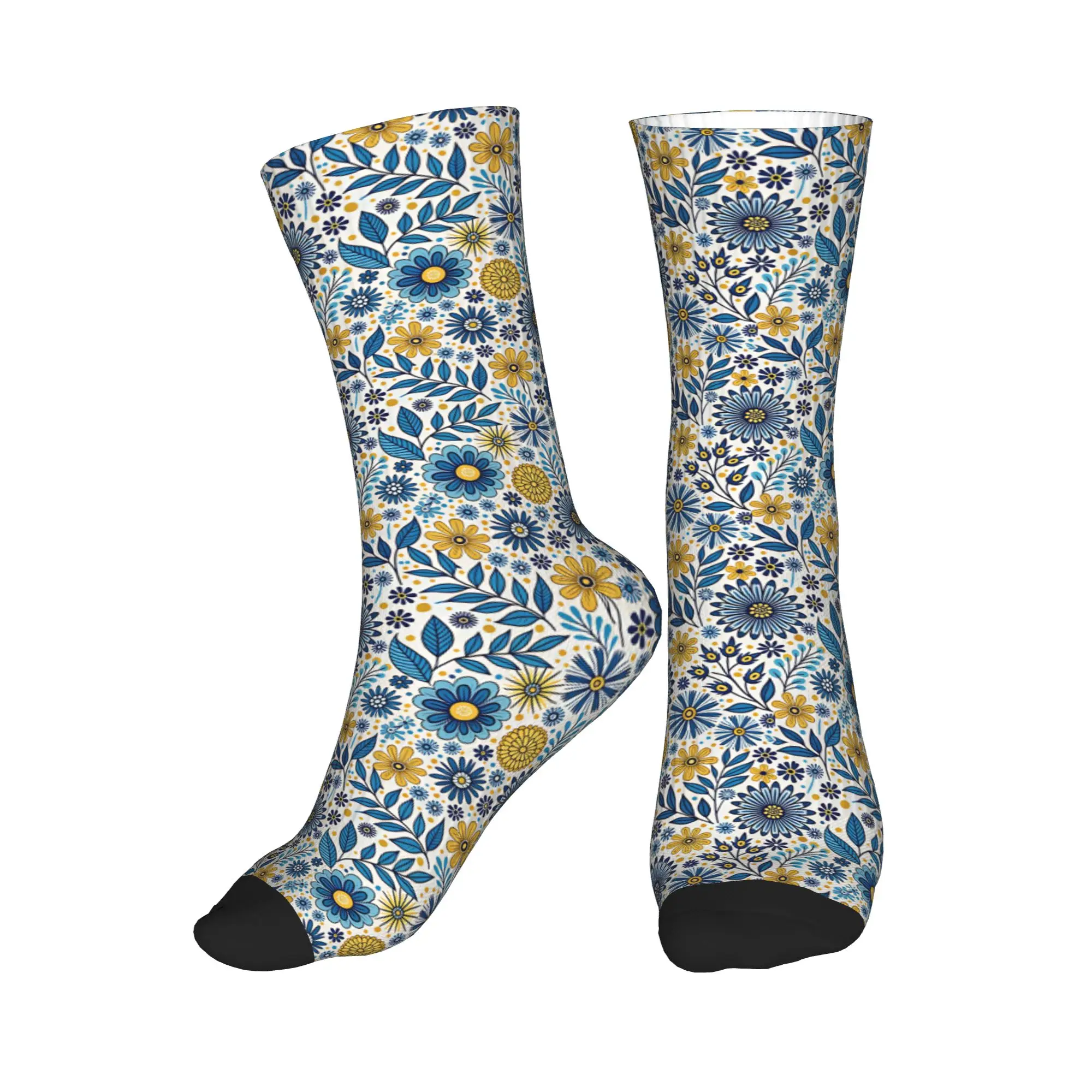 Chaussettes unisexes Kawaii pour hommes, motif floral bleu jaune Talavera, respirantes, chaudes, imprimées en 3D