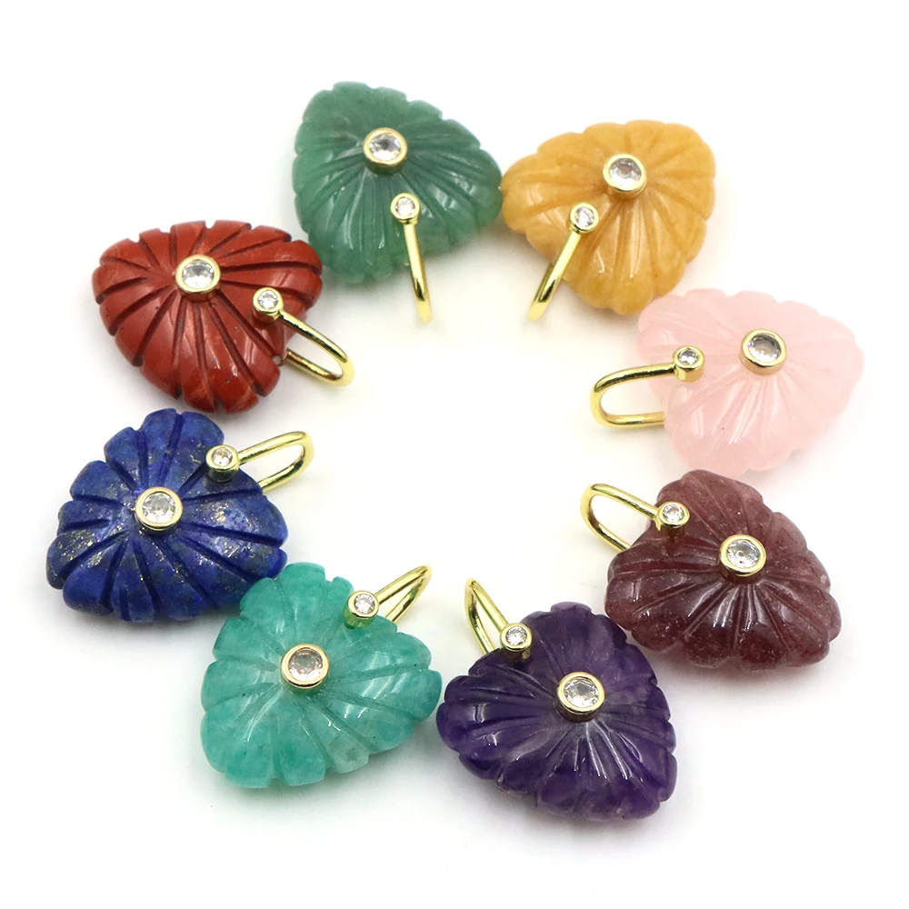 Heart Shaped Pendants Natural Stone Texture Pattern Inlaid Zircon Carved Charms DIY Jewelry Handcraft Accessories Christmas Gift