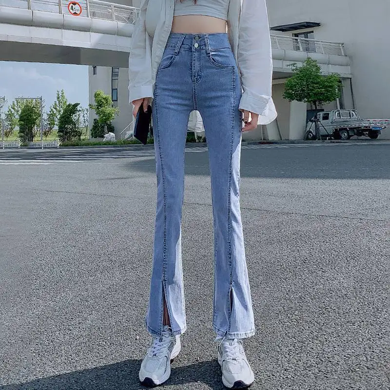 Korean Style Women's Jeans 2026 New Collection High Waisted Flared Split for Spring Autumn Slimming Petite Casual Wear