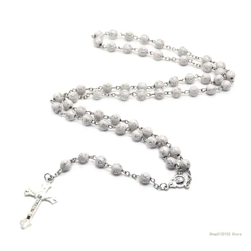 QX2E 8mm Round Beads Rosary Necklace Christian Jesus for Cross Pendant Necklaces Jewe