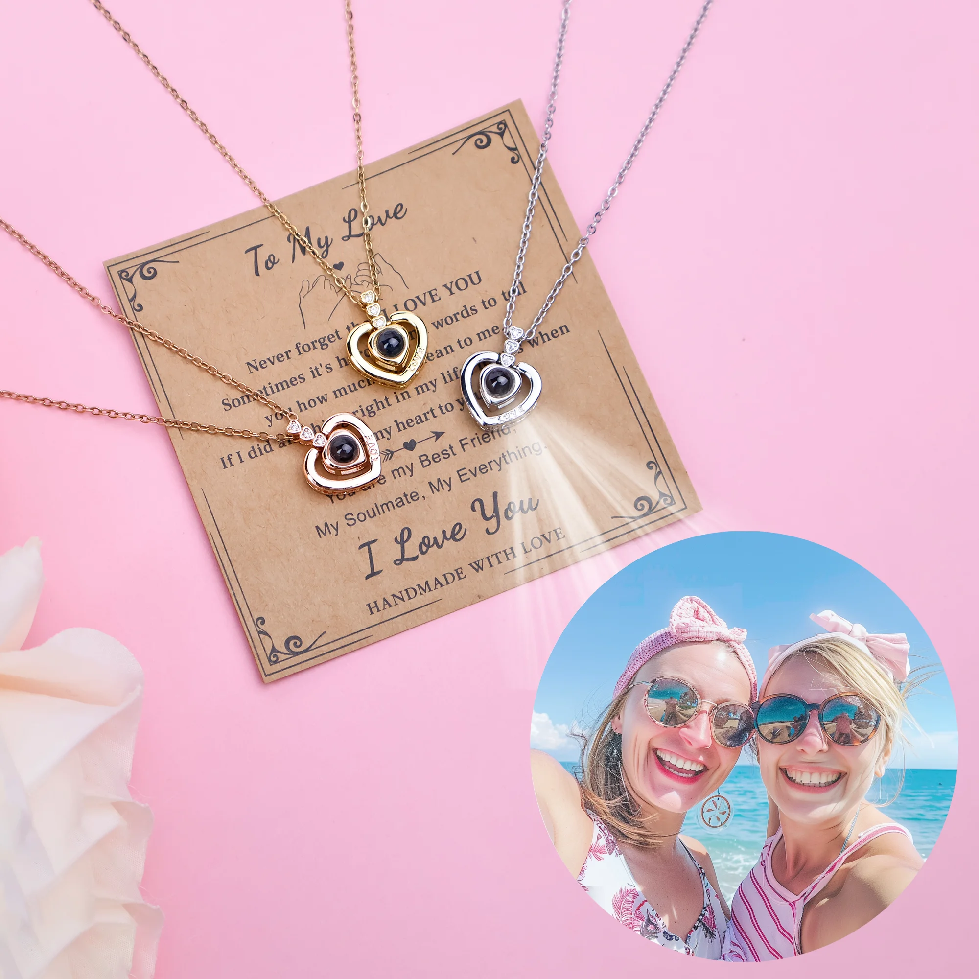 

Photo Customized Projection Heart Pendant Necklaces Circle Chain Jewelry With Greeting Card For Girl Women Mothers Day Gift