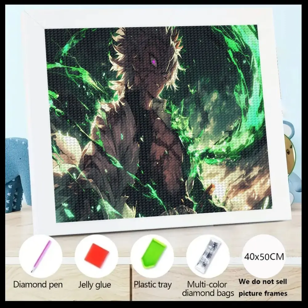 

Набор 5D алмазной живописи «сделай сам» с дизайном персонажей аниме (острые волосы, фиолетовый глаз, зеленая светящаяся энергия) 40x50 см — в комплект входит розовый D