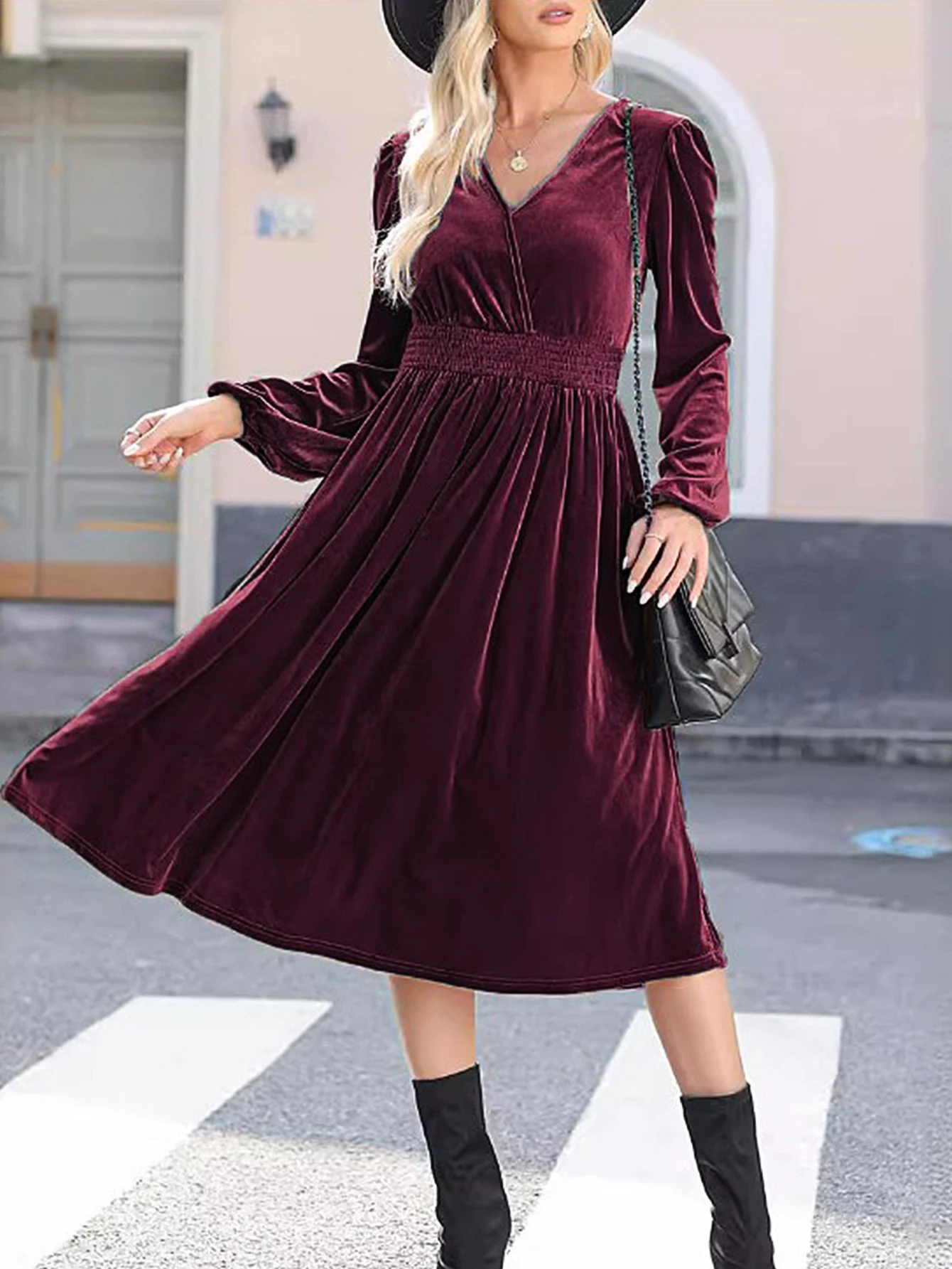 Vestido feminino de manga comprida com decote em v, vestido liso com cintura cortada, outono inverno, namoro diário abaixo do joelho