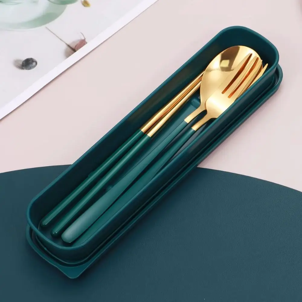 

3 in 1 Tableware Set Silver/Gold Color Rust-proof Travel Cutlery Set Stainless Steel Portable Forks and Spoon Chopsticks Set