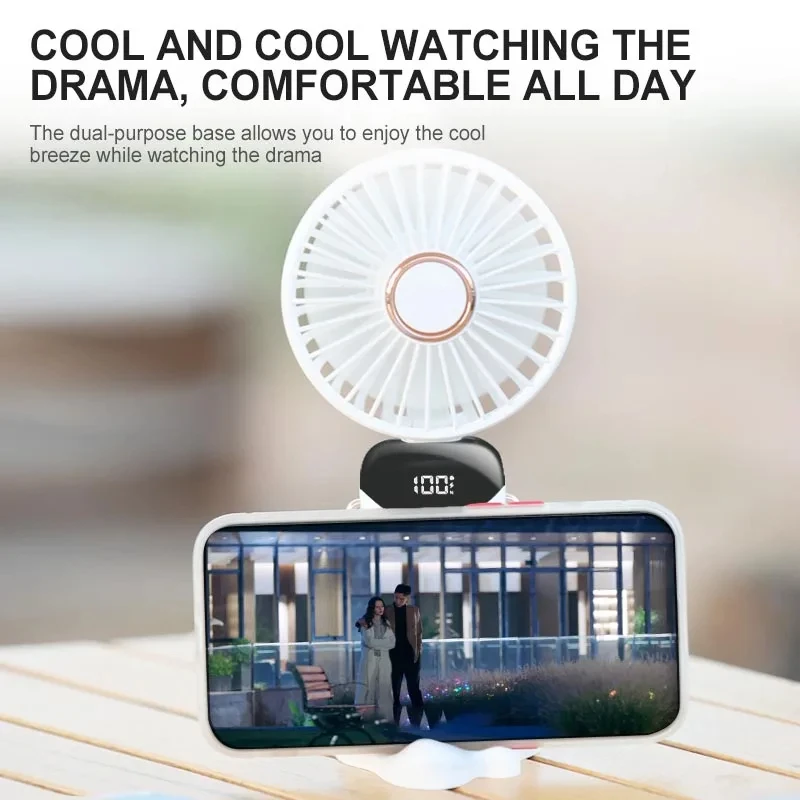 1800mAh Handheld Mini Fan Foldable Portable Neck Hanging Fans 5 Speed USB Rechargeable Fan with Phone Stand and Display Screen