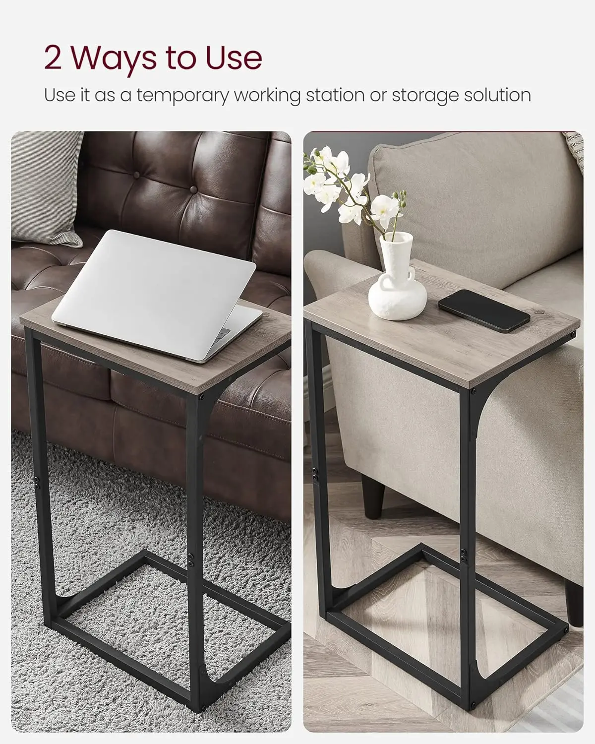 C-Shaped End Table, Side Table for Sofa, Couch Table with Metal Frame, Small TV Tray Table for Living Room, Bedroom, Greige a