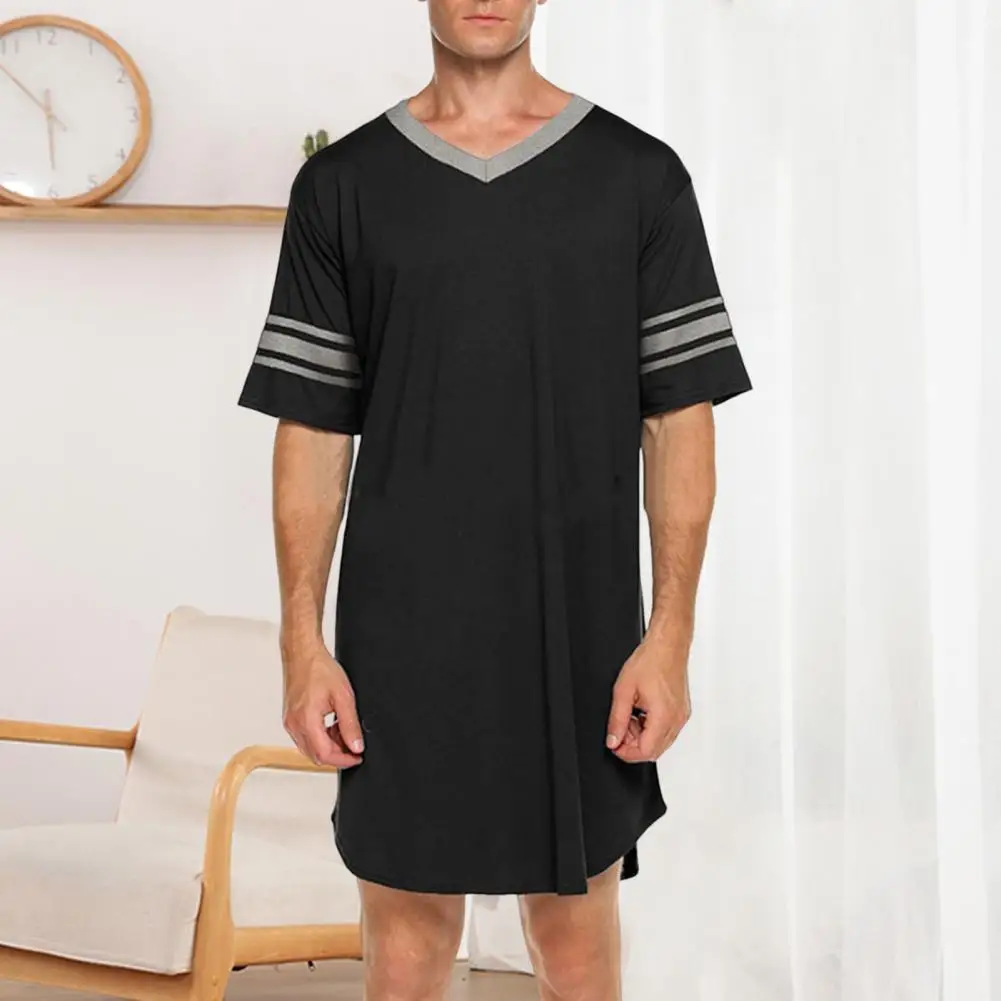 

Men Loungewear Fashion Color Blocked Home Clothes Men's V-neck Long Sleepwear Casual Irregular Hem T-shirt Homewear Robe Pajama