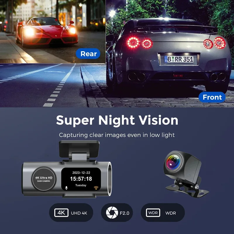 K309 Dash Cam, 4K High-Resolution Dual-Lens with Infrared Night Vision, Wi-Fi Connectivity and GPS Car Camera