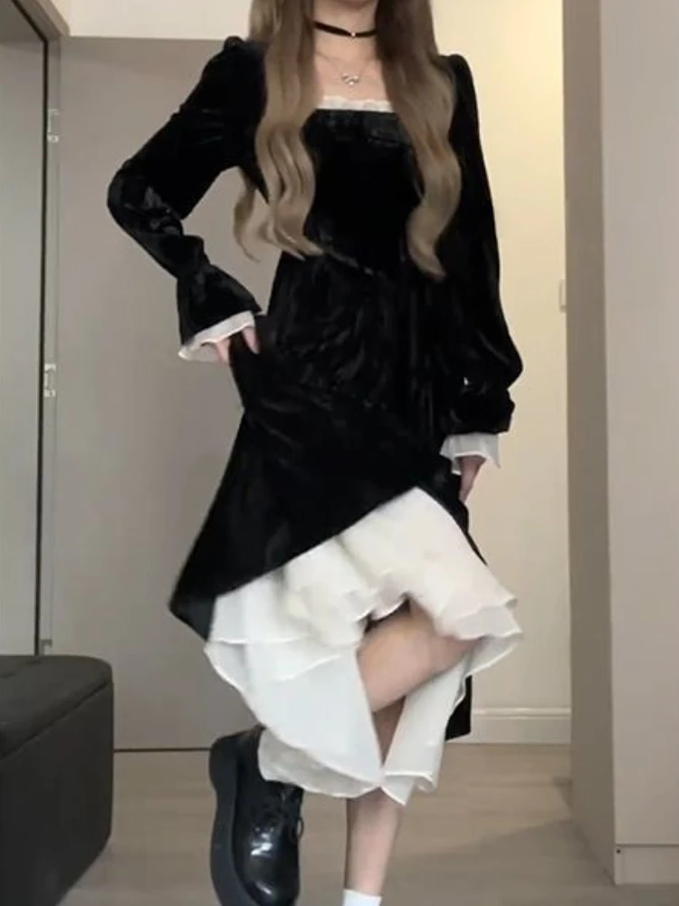 Dress Women Velvet Simple A-line All-match Fashion Square Collar Casual Vintage Comfortable Korean Style Female Elegant Autumn