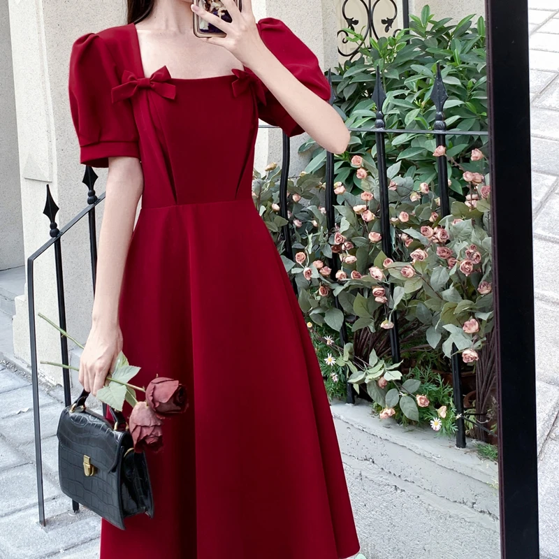 

Square Collar Chic Red Long Dress Short Sleeve Sweet Bow Prom Party Midi Dresses For Women 2022 Summer Vestido Robe Female M-4XL