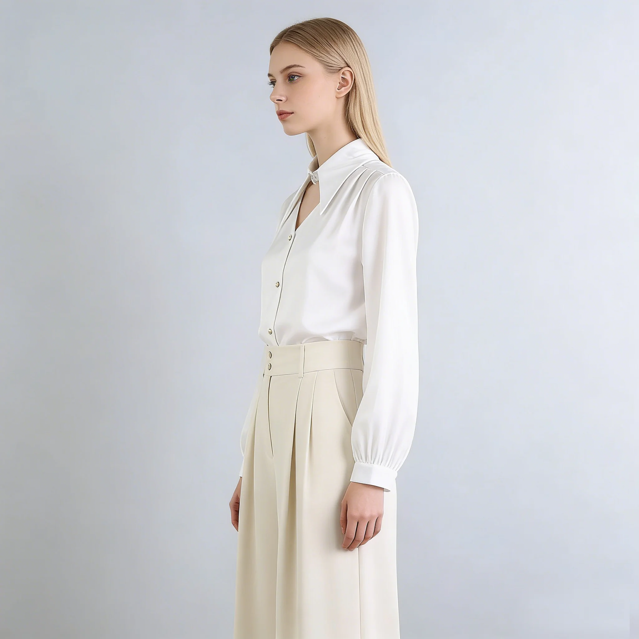 Women's White Satin Shirts Long Sleeve Large Collar V-Neck Button Up Regular Fit Elegant Trendy Ladies Work Wear Female Clothing