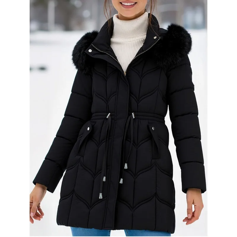 Winter Thickened Cotton-padded Jacket. Waist-cinching Slimming with Detachable Cap Long Cotton-padded Jacket for Women Clothing.