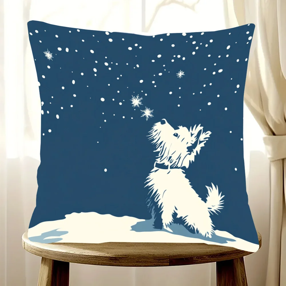 West Highland White Terrier Snowflake Double-Sided Pillowcase, Dog Silhouette Cushion Cover with Zipper, Washable Decor Case