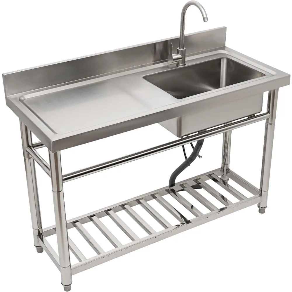 

Stainless Steel Kitchen Sink Prep Counter, Freestanding 1 Compartment Utility Sink, Single Bowl Outdoor Sinks with Pu