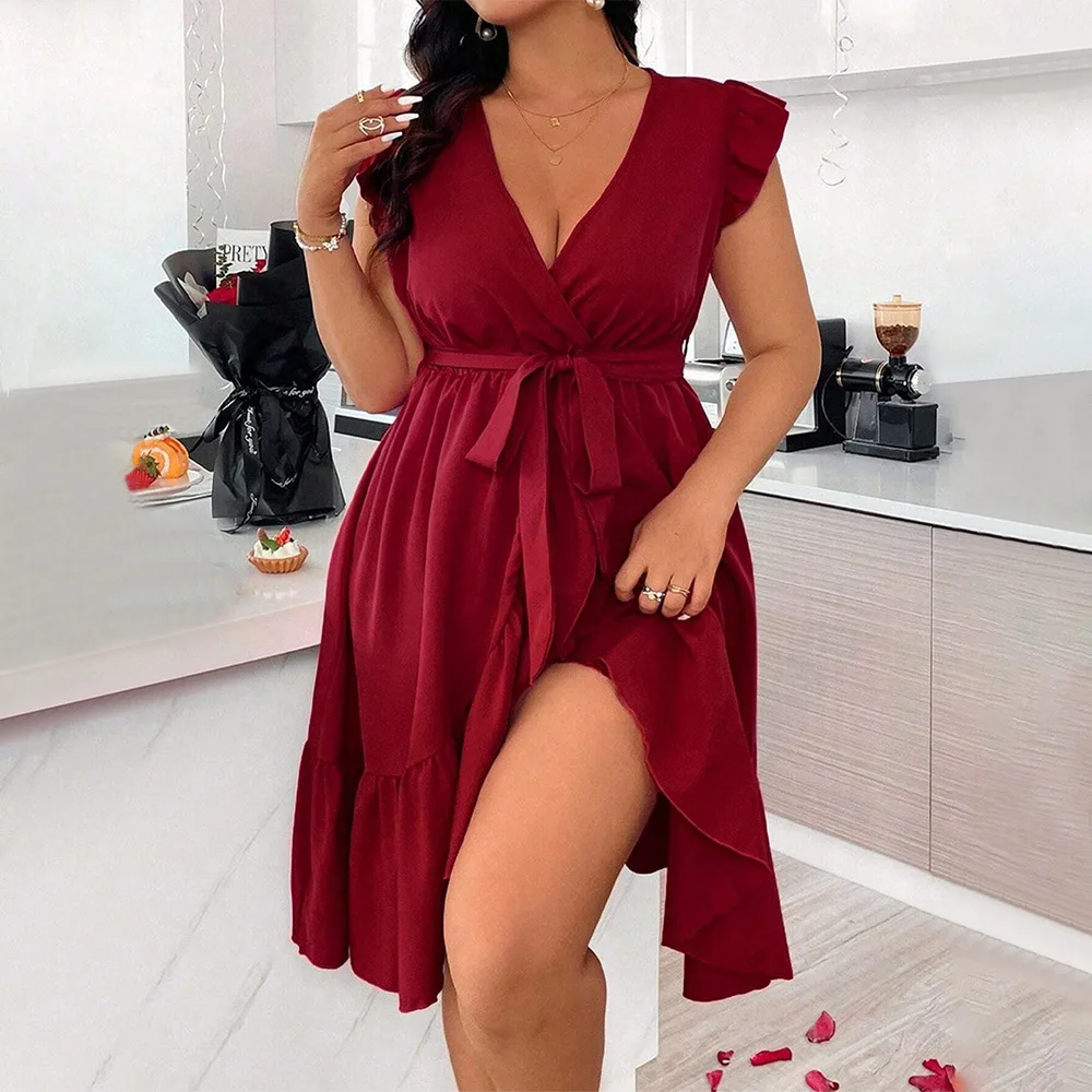 2024 New Women Dresses V-neck Solid Color Tie Ruffled Short-sleeved Dress Plus Size Temperament Elegant Splicing Loose Dresses