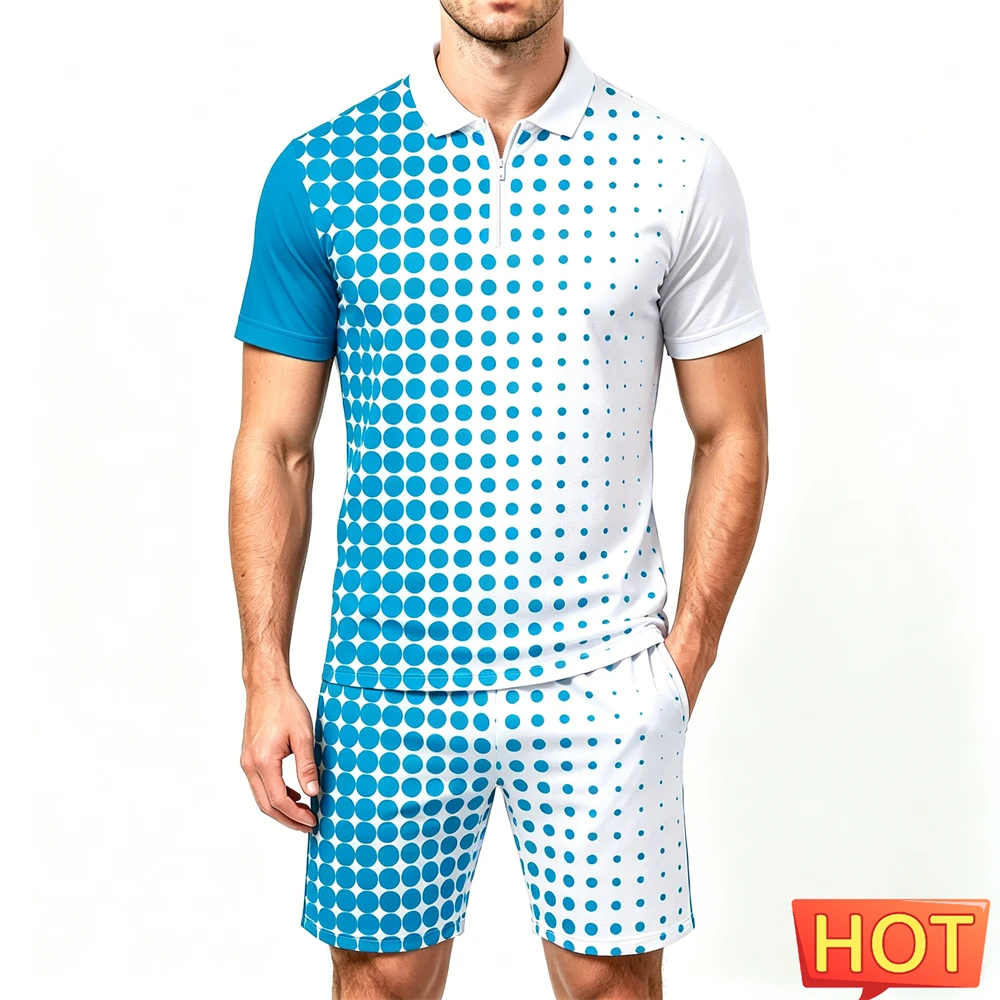 Summer Men's Sets Polka Dot 3D Print Zip Polo Shirt and Shorts 2 Piece Street Fashion Short Sleeve Outfit Casual Loose Man Suit