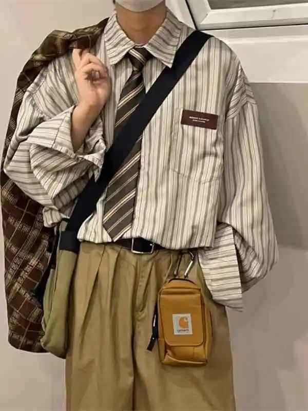 

Retro Japanese Sle Striped Long Sve irt Loose Fit Spring Autumn Casual ex Hong Kong Sle Collar Trendy Brand ir...