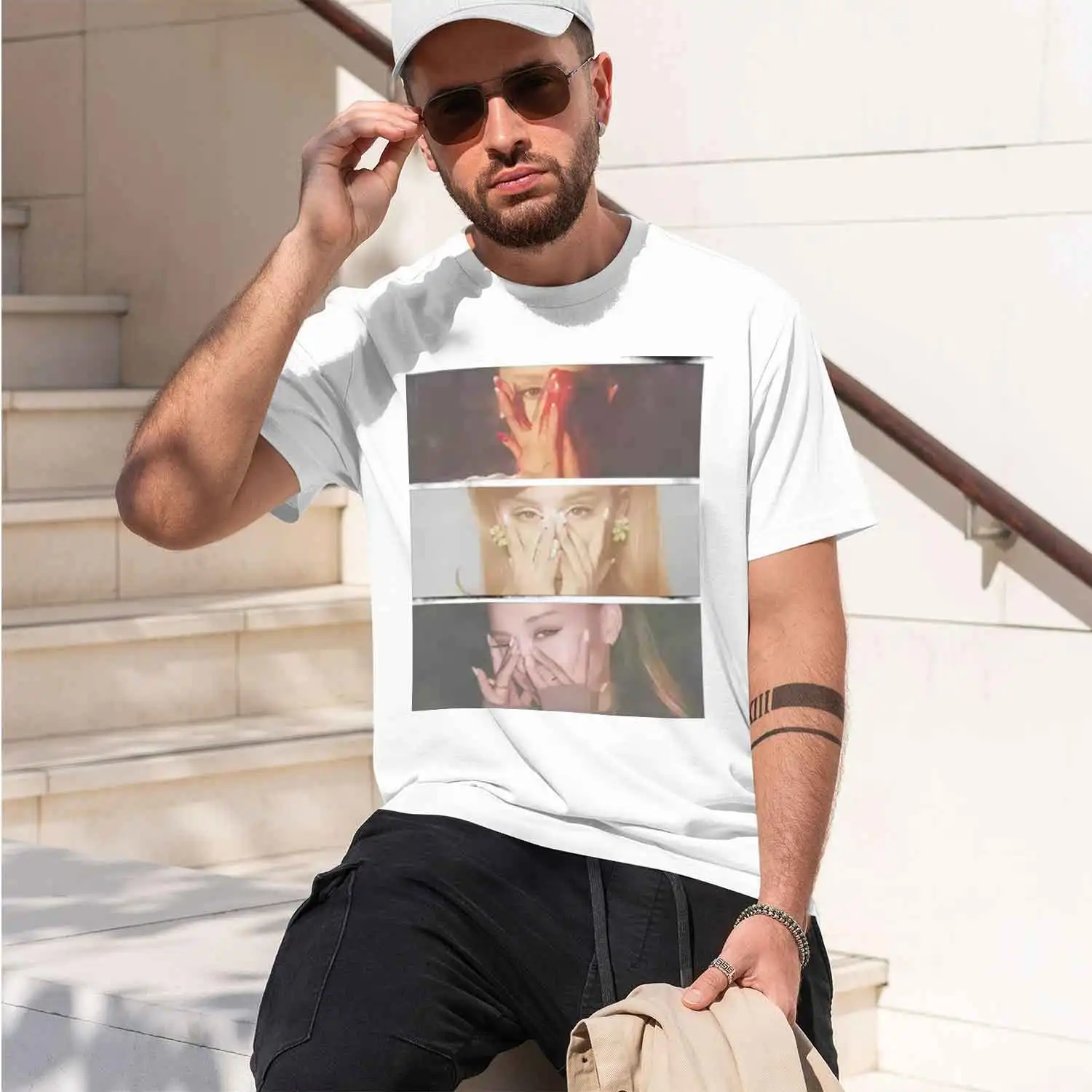 Hands cove face with red paint Floral pins and hands on faceHands gently lower Womens clothing men's crew neck t-shirt 2026 New