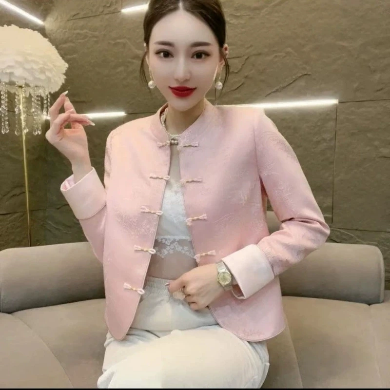 เสื้อเชิ้ตแขนยาวสไตล์จีนปี 2025 สำหรับผู้หญิง ลายดอกไม้พิมพ์ลายแจ็คการ์ด เสื้อทรงหลวมแฟชั่นระดับไฮเอนด์ แจ็คเก็ตทรงกี่เพ้า