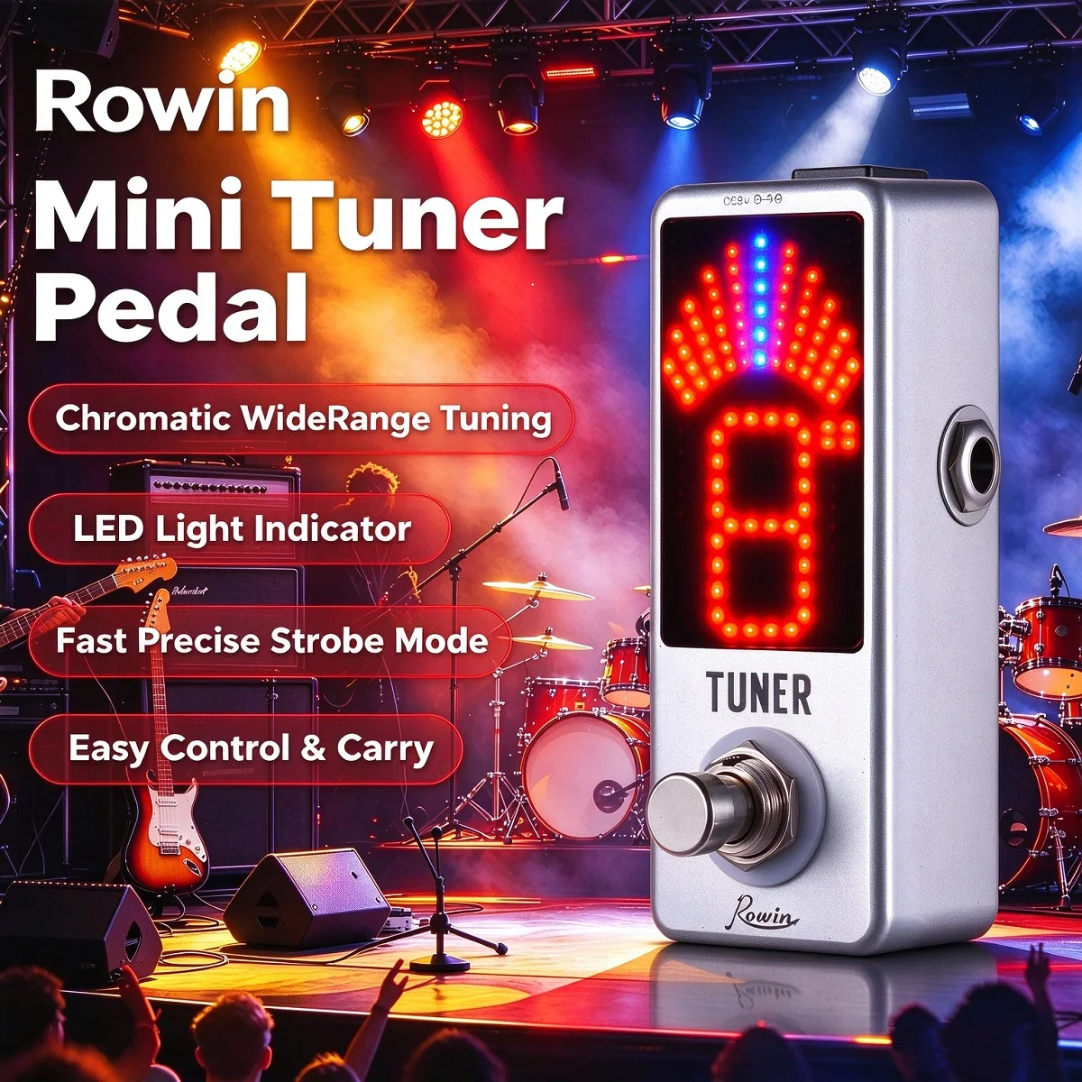 Rowin LT-910 Mini Guitar Tuner Pedal High Precision LED Chromatic Tuning Pedal Fast Accurate Tuning Bypass Compact Stompbox