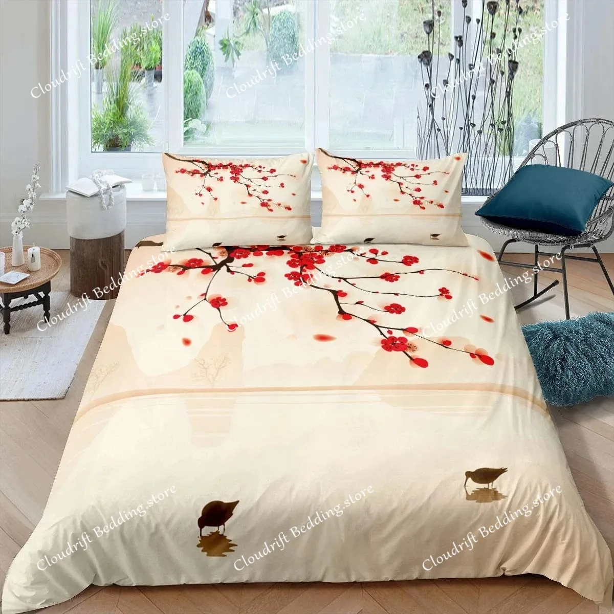 Plum Blossom Duvet Cover Set Red Flower Floral Comforter Cover For Girls Teens Microfiber Butterfly Branches Printed Bedding Set