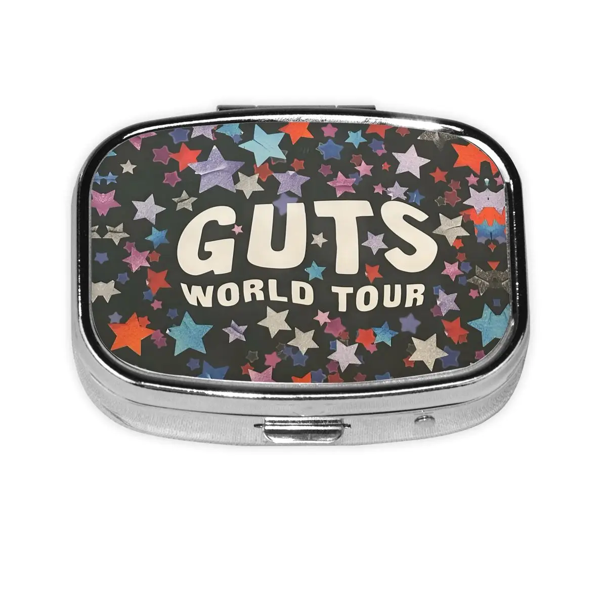 

Металлическая коробка для таблеток O-Olivias Guts World Tour, компактная поп-певица, креативный принт, квадратный контейнер для таблеток с 2 отделениями для путешествий